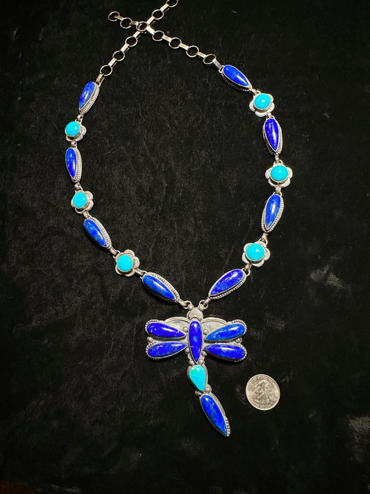 30"+ 3" Blue Lapis and Sleeping Beauty Turquoise Dragonfly Lariat Necklace