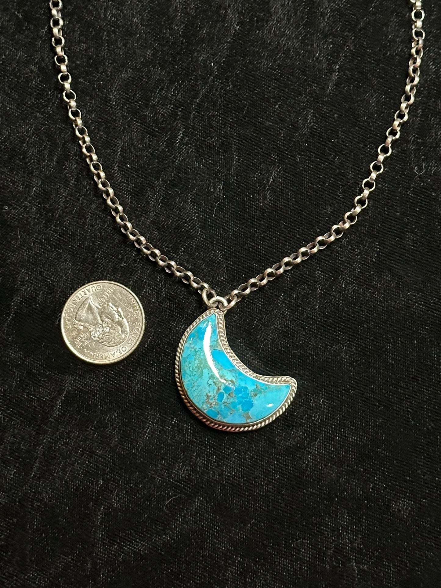LOT 7 B 10/26 20" Kingman Turquoise Moon Necklace By Leroy James, Navajo