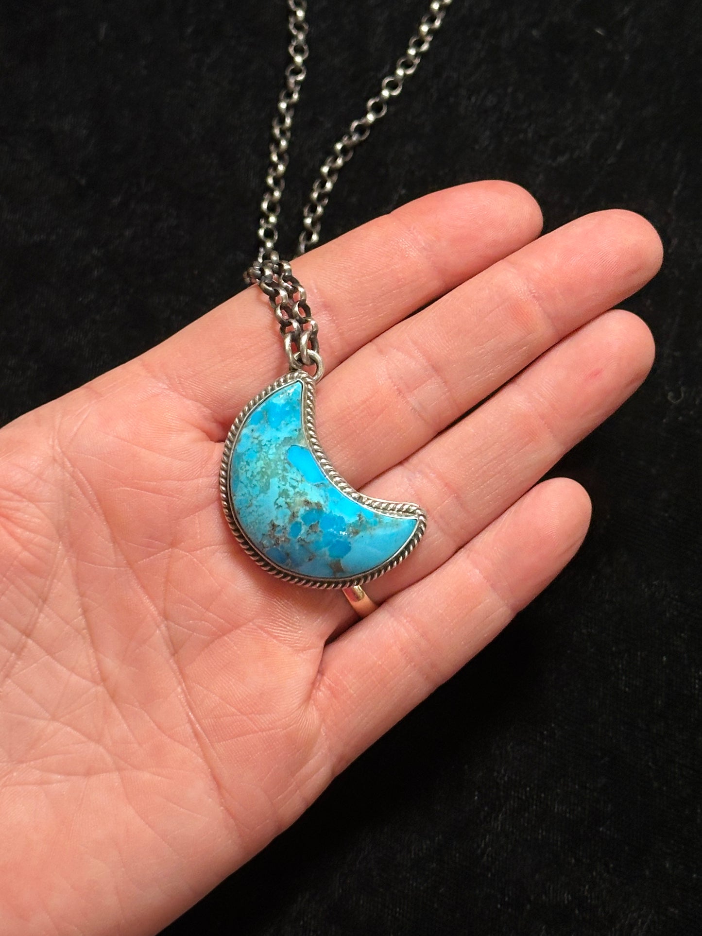 LOT 7 B 10/26 20" Kingman Turquoise Moon Necklace By Leroy James, Navajo