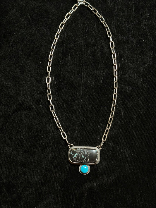 18" Black Buffalo and Turquoise Necklace By Gilbert Platero, Navajo