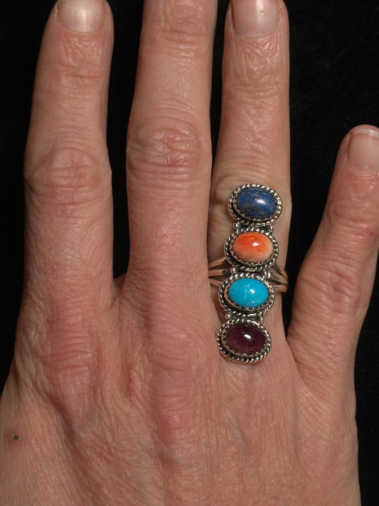 Purple Spiny, Sleeping Beauty Turquoise, Orange Spiny, and Lapis Ring