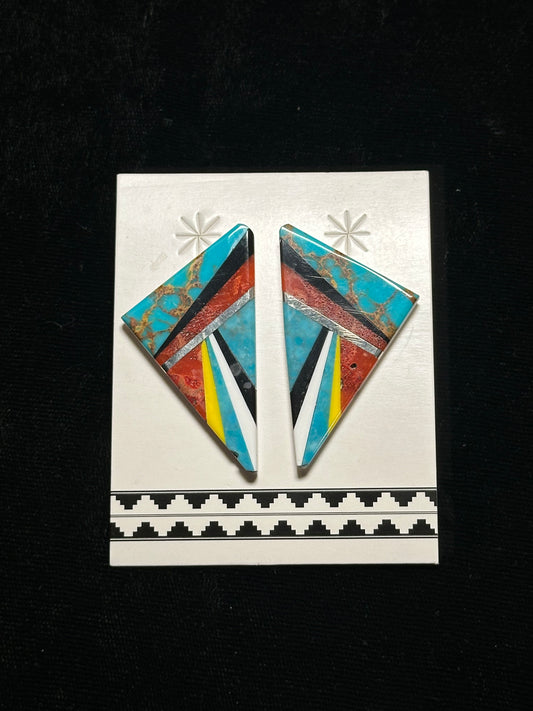 Turquoise, Coral, and Black Jet Inlay Slab Post Earrings