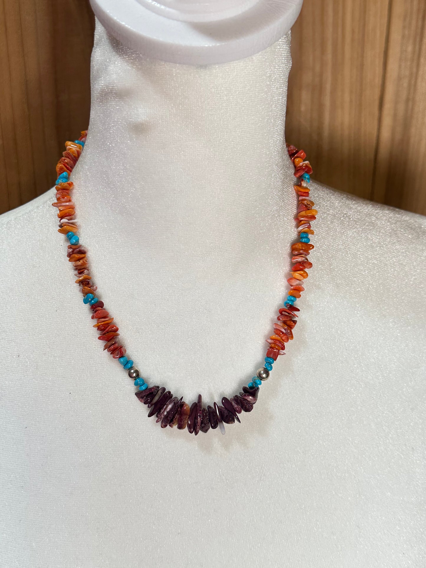 18” Purple and Orange Spiny Oyster Shell and Sleeping Beauty Turquoise Necklace