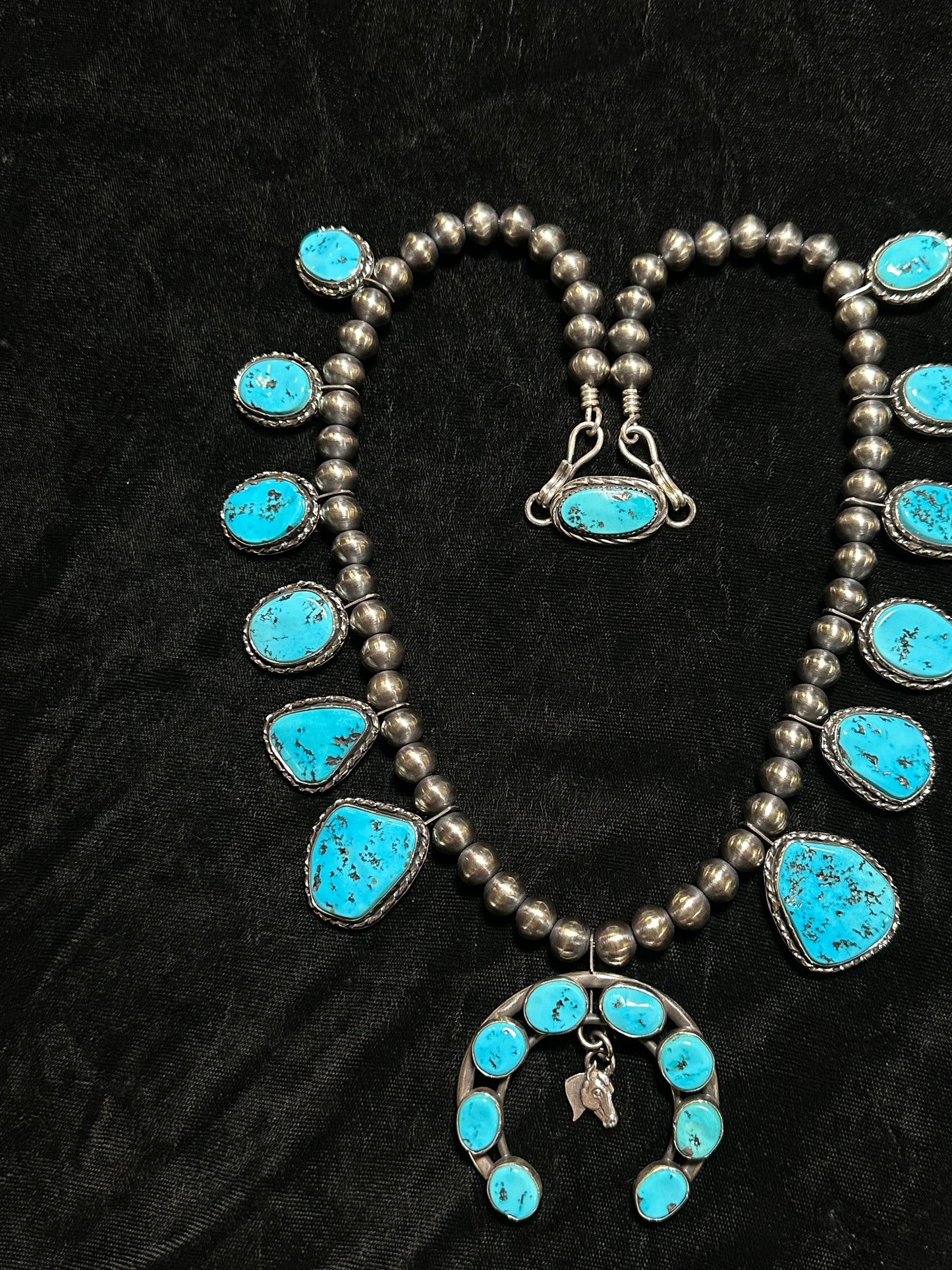 22" Sleeping Beauty Squash Blossom 10mm Navajo Pearls by Rita and Tustin Daye