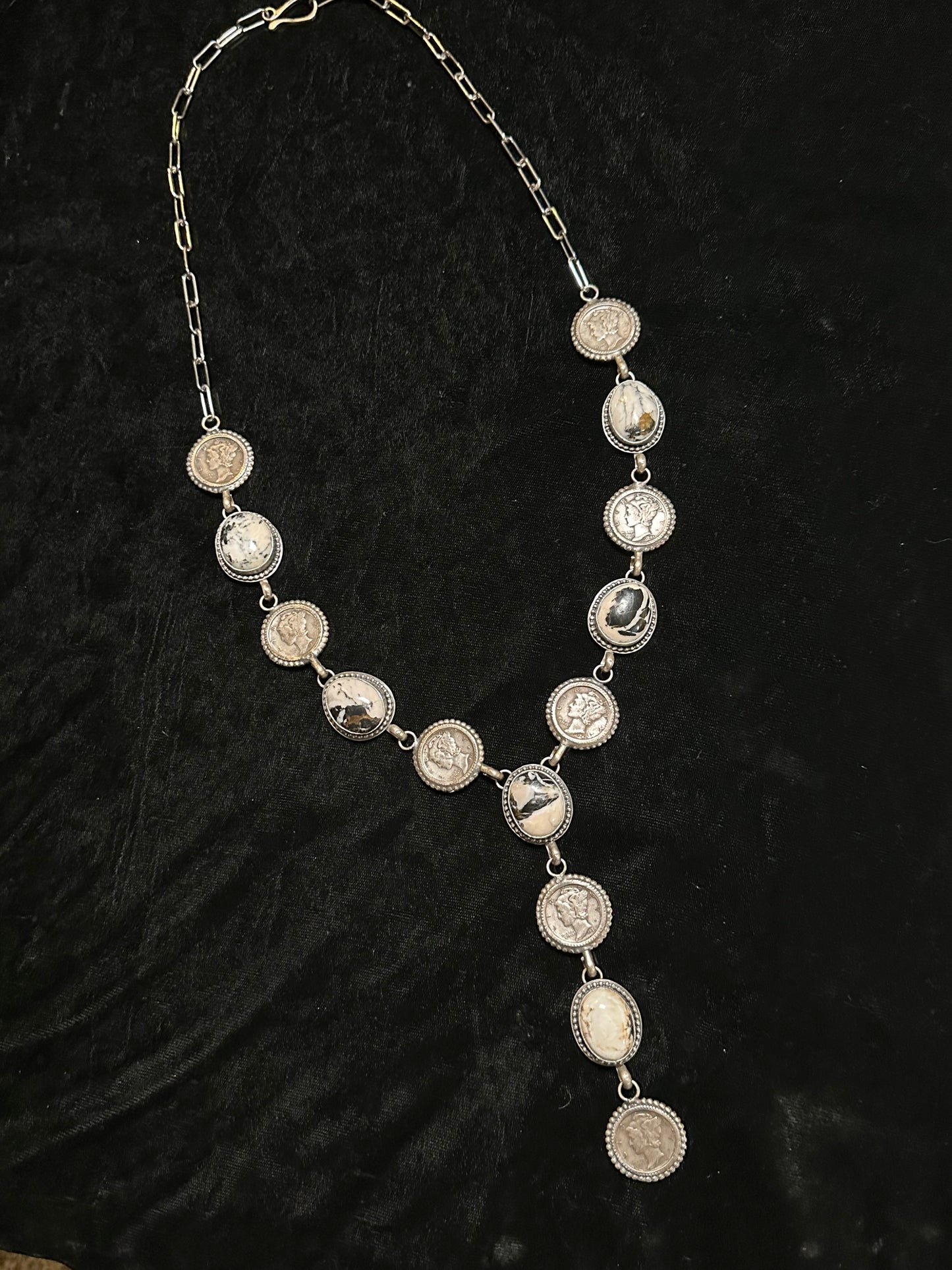 26"+3" White Buffalo and Mercury Dimes Lariat Style Necklace by T. Nez, Navajo