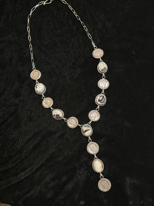26"+3" White Buffalo and Mercury Dimes Lariat Style Necklace by T. Nez, Navajo