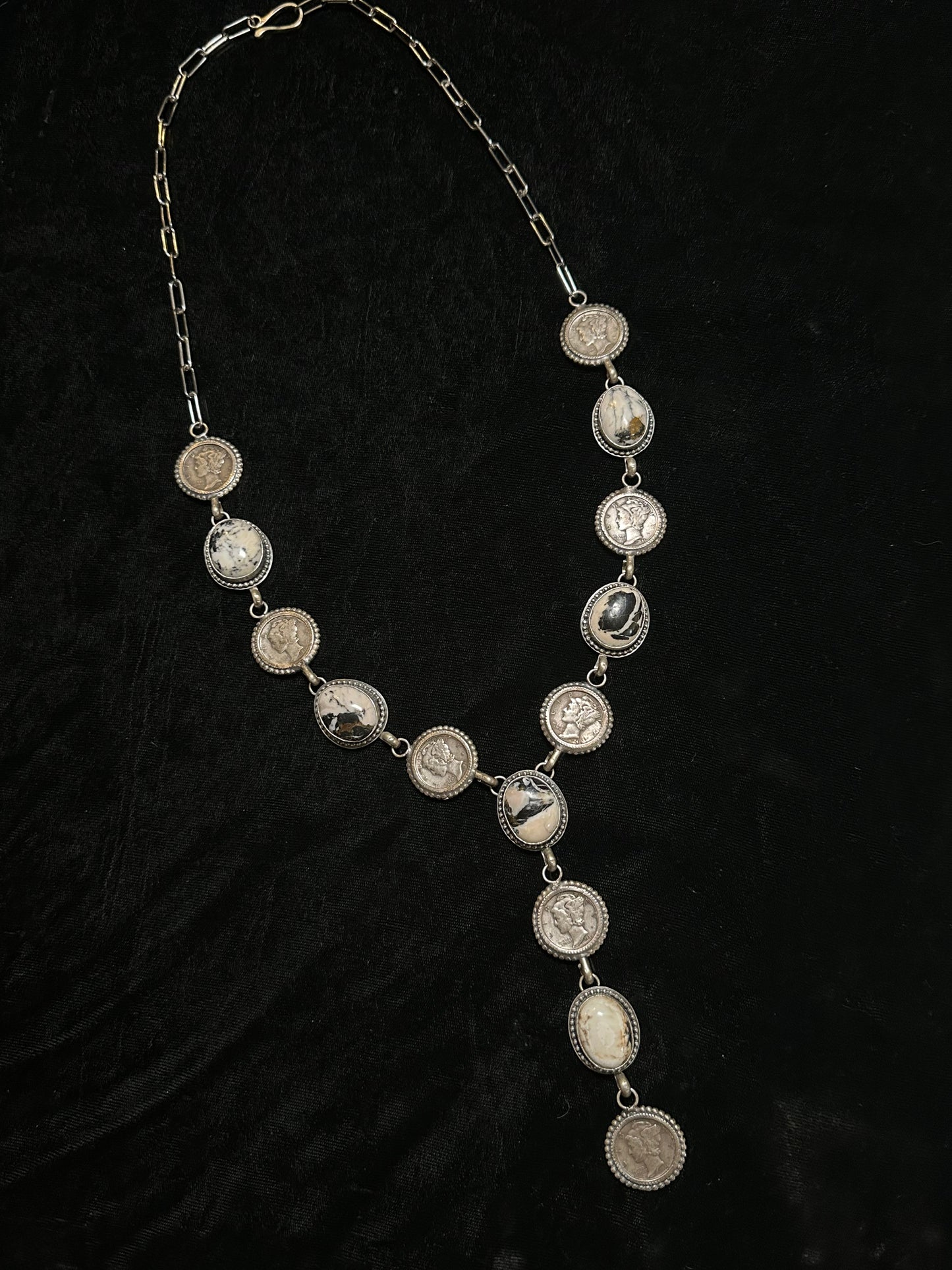 26"+3" White Buffalo and Mercury Dimes Lariat Style Necklace by T. Nez, Navajo