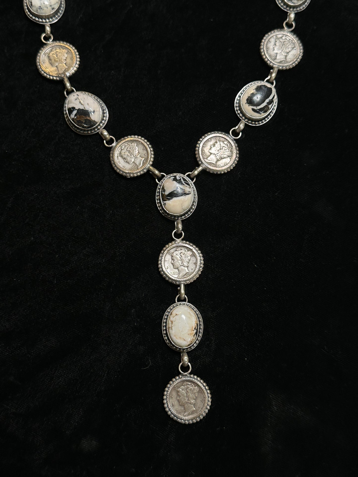 26"+3" White Buffalo and Mercury Dimes Lariat Style Necklace by T. Nez, Navajo