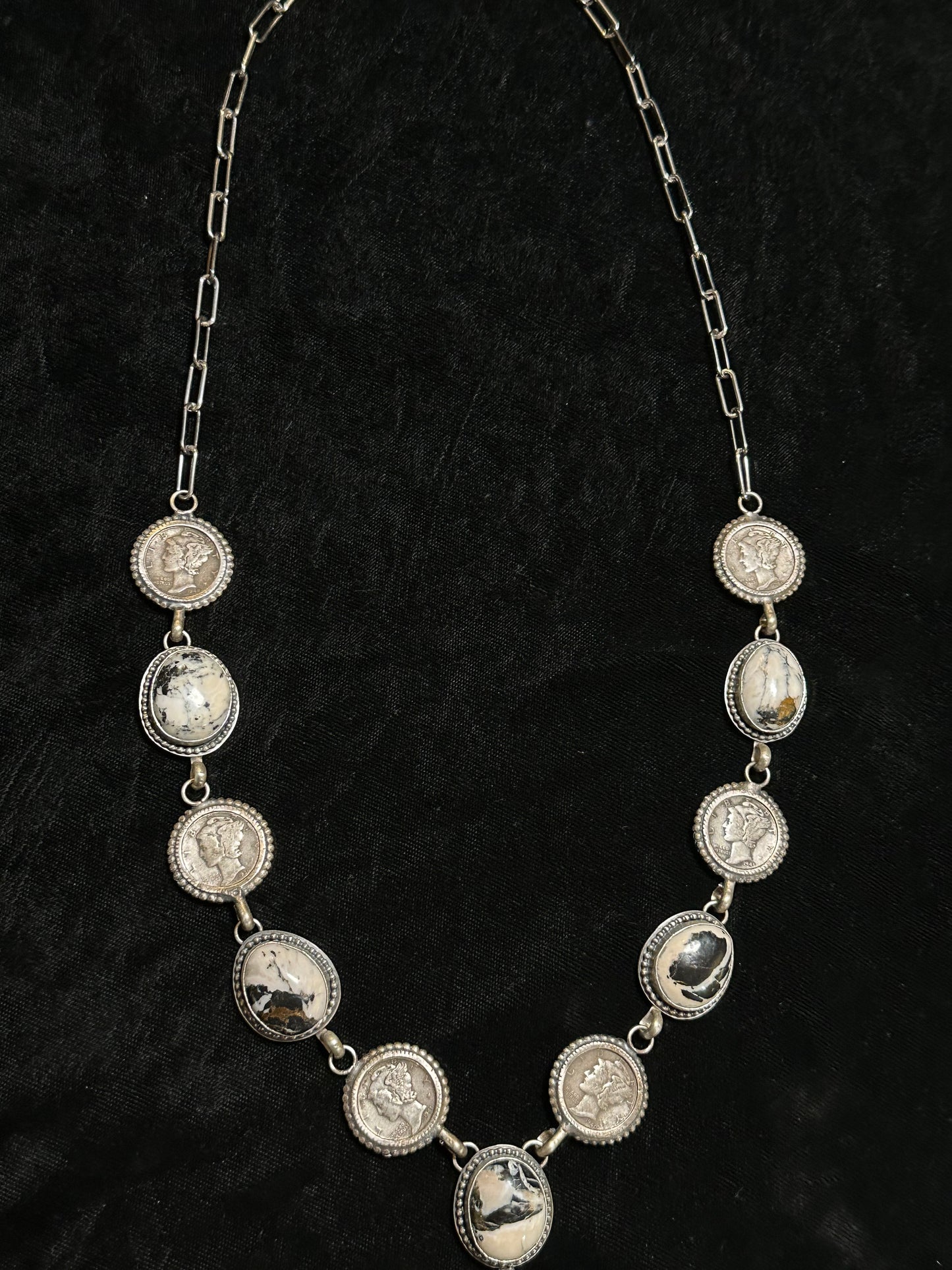 26"+3" White Buffalo and Mercury Dimes Lariat Style Necklace by T. Nez, Navajo