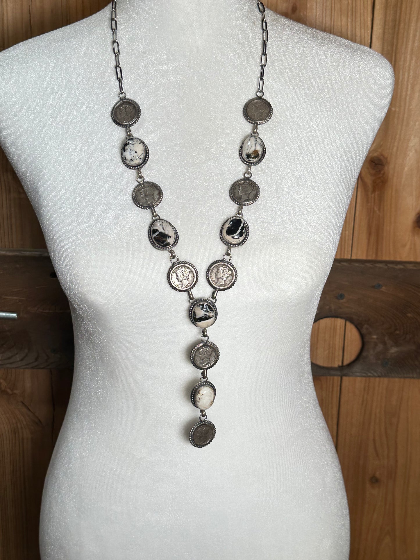 26"+3" White Buffalo and Mercury Dimes Lariat Style Necklace by T. Nez, Navajo