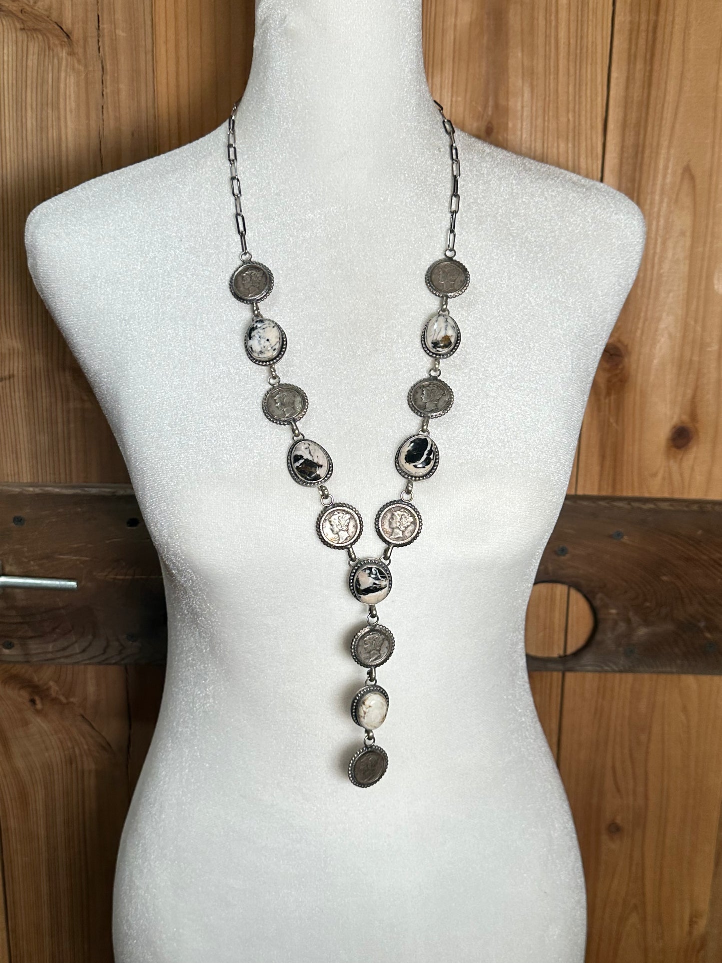 26"+3" White Buffalo and Mercury Dimes Lariat Style Necklace by T. Nez, Navajo