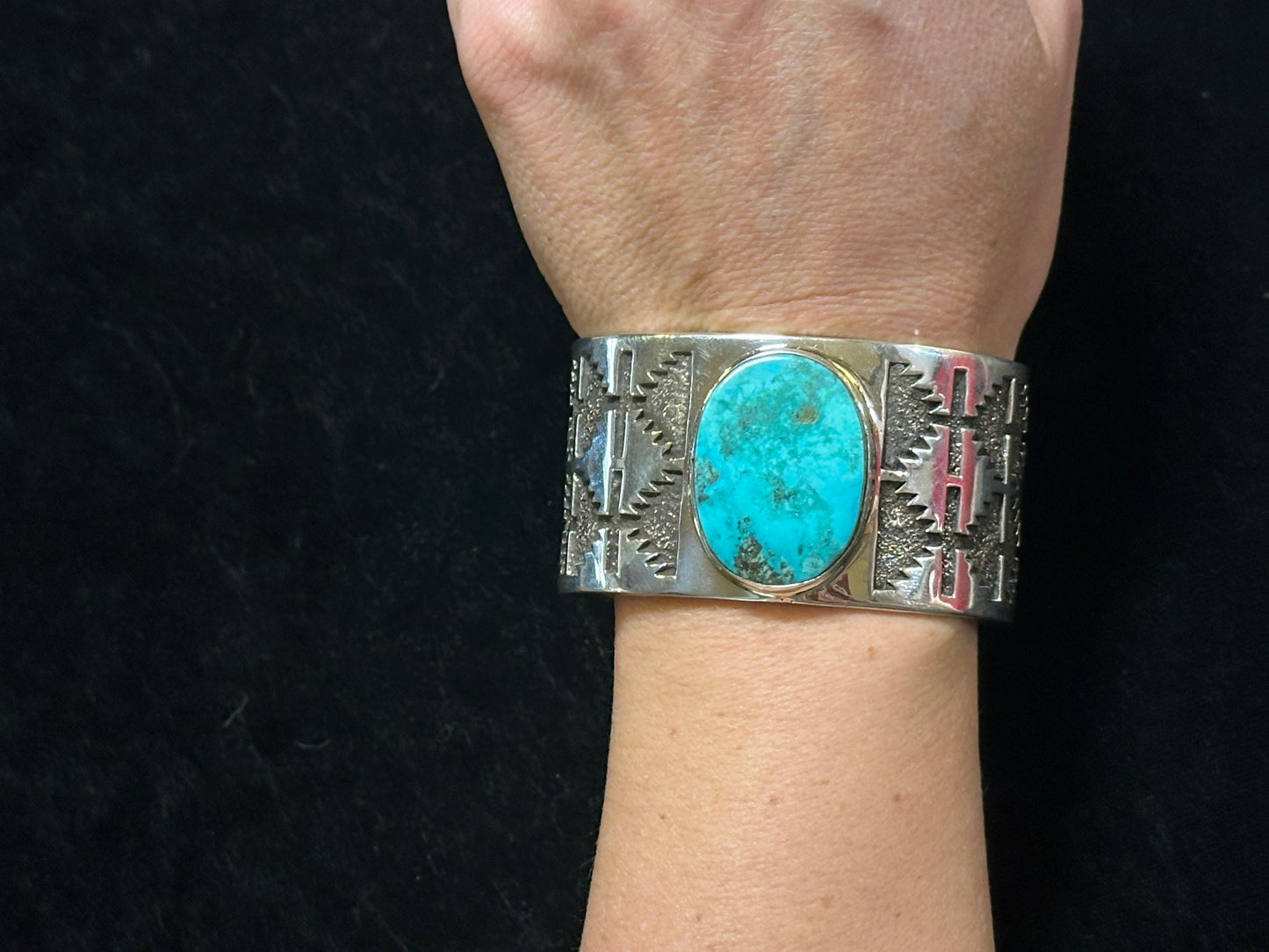 Kingman Turquoise Cuff Bracelet by Marie Jackson, Navajo