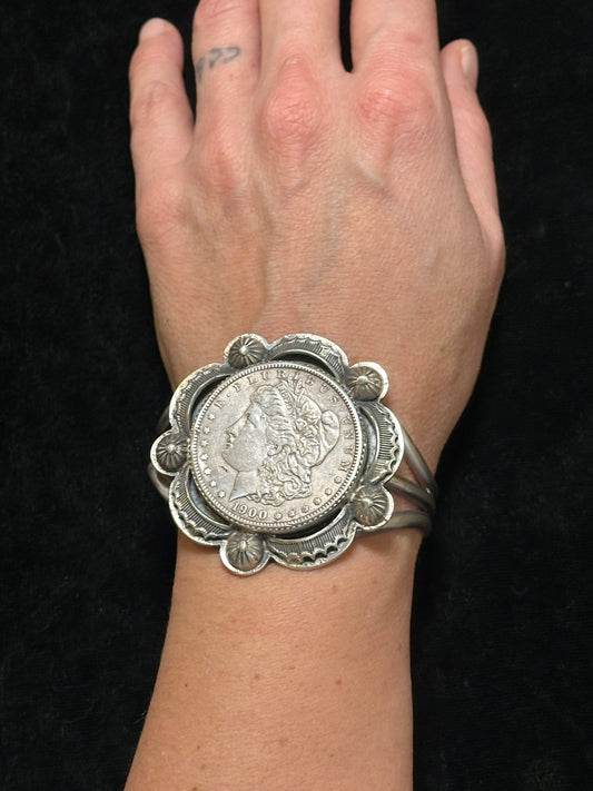 1900 Morgan Silver Dollar Cuff Bracelet by Boyd Ashley, Navajo