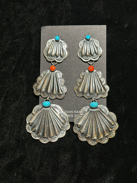 Concho Post Dangle Earrings with Coral and Sleeping Beauty Stones by Rita Daye, Navajo
