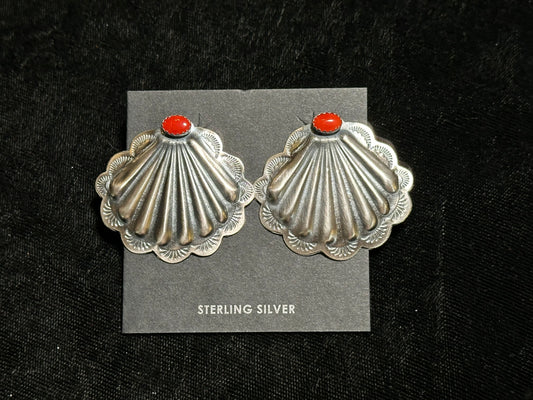 Concho Post Earrings with Coral Stone by Rita Daye, Navajo