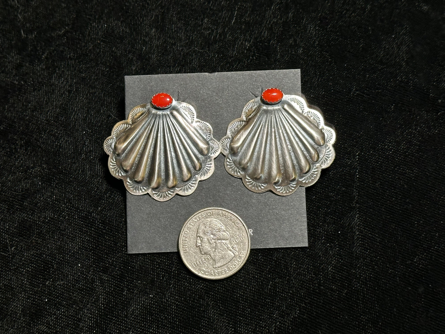 Concho Post Earrings with Coral Stone by Rita Daye, Navajo