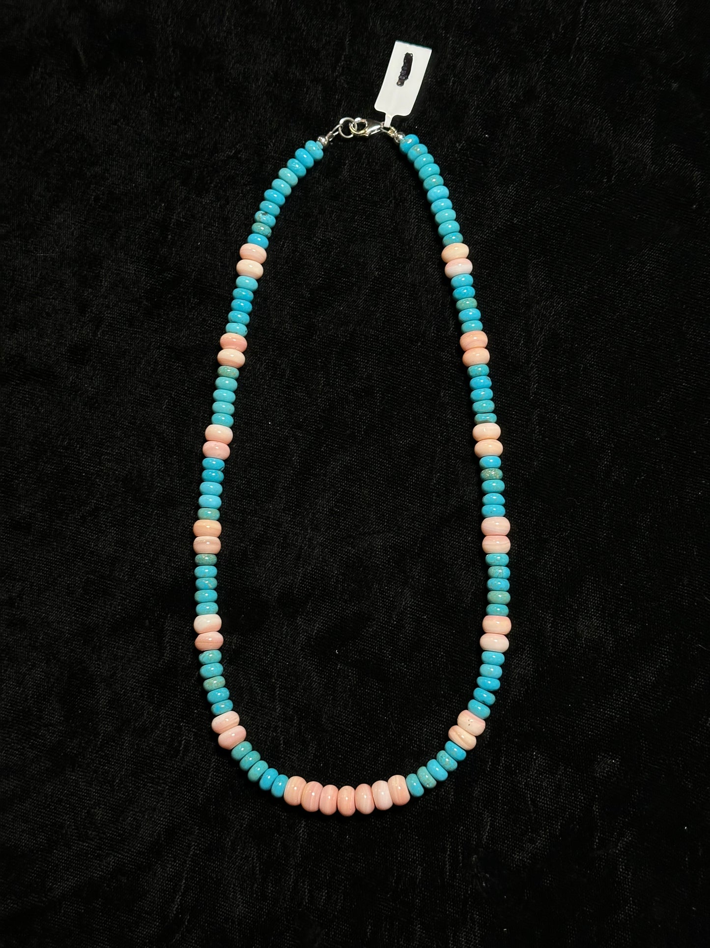 18" Necklace Pink Conch Shell and Kingman Turquoise