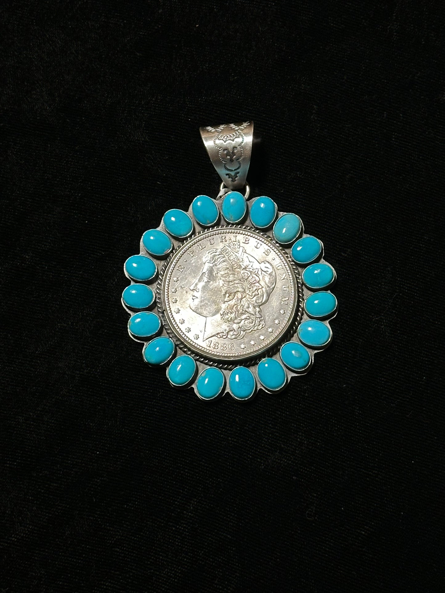 1886 Morgan Silver Dollar and Sleeping Beauty Turquoise Pendant with an 11mm Bale by N.Nez, Navajo