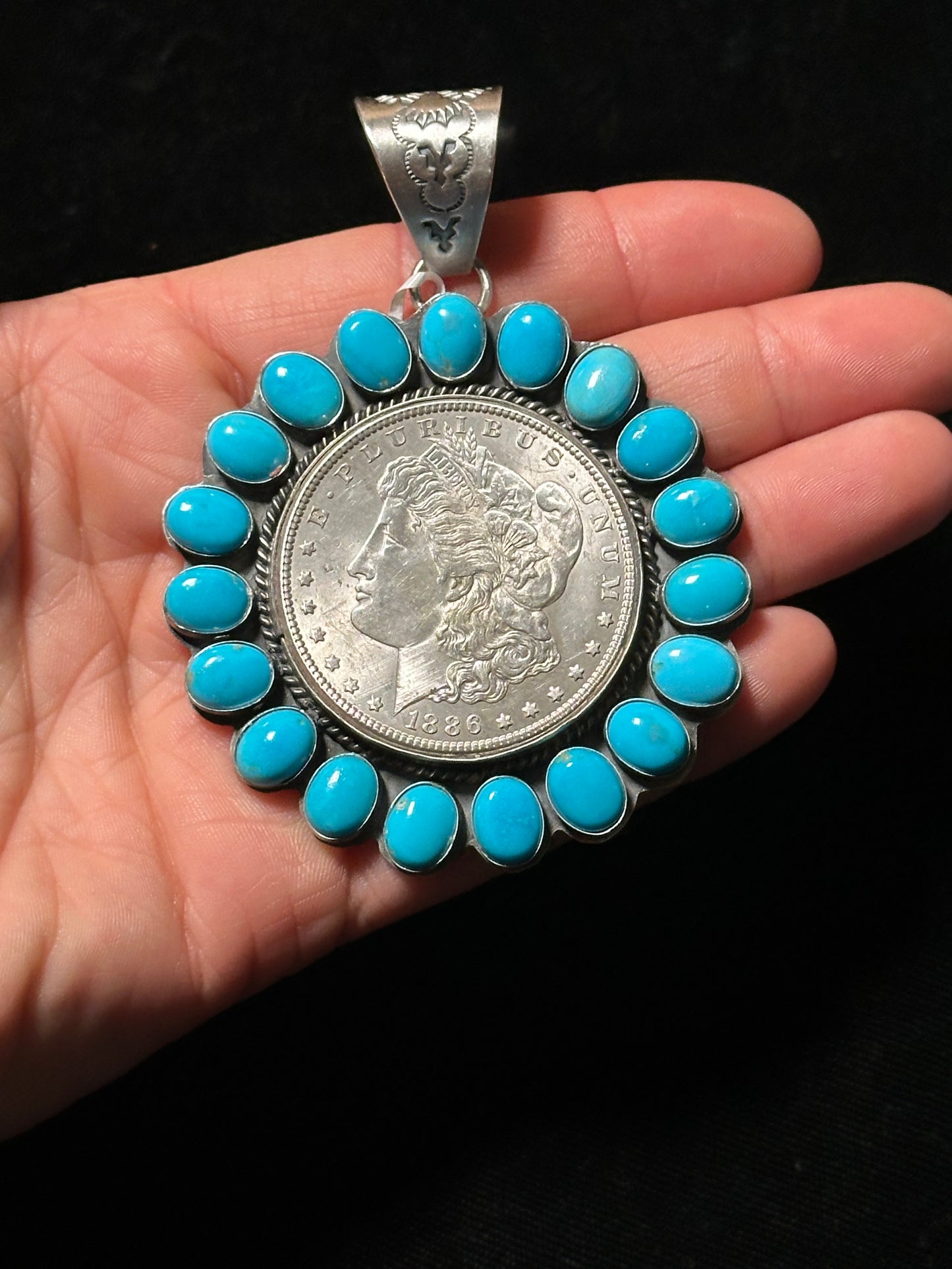 1886 Morgan Silver Dollar and Sleeping Beauty Turquoise Pendant with an 11mm Bale by N.Nez, Navajo