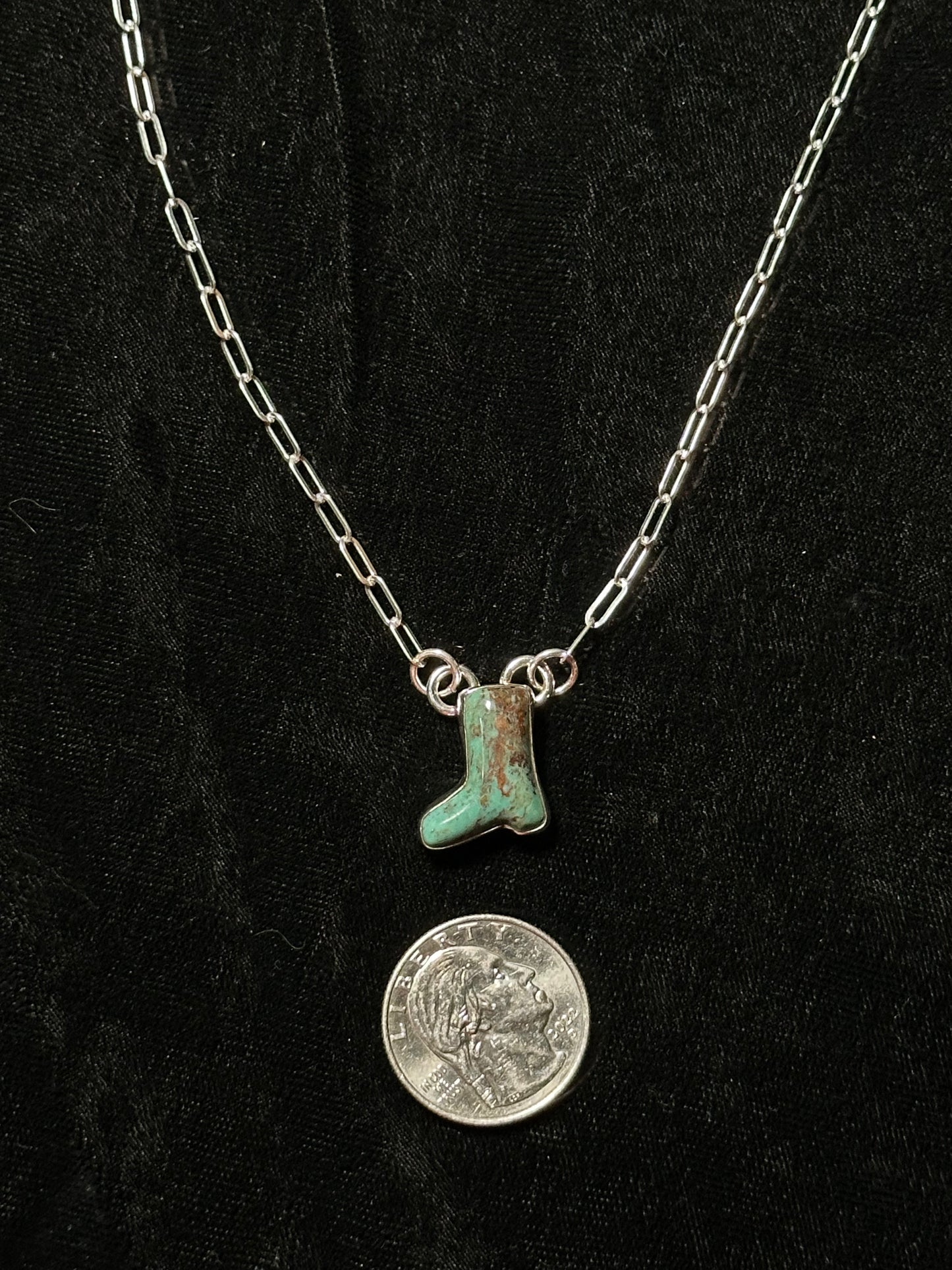 Green Navada Turquoise Boot Necklace with Sterling Silver Paperclip Chain