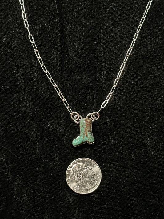 Green Navada Turquoise Boot Necklace with Sterling Silver Paperclip Chain