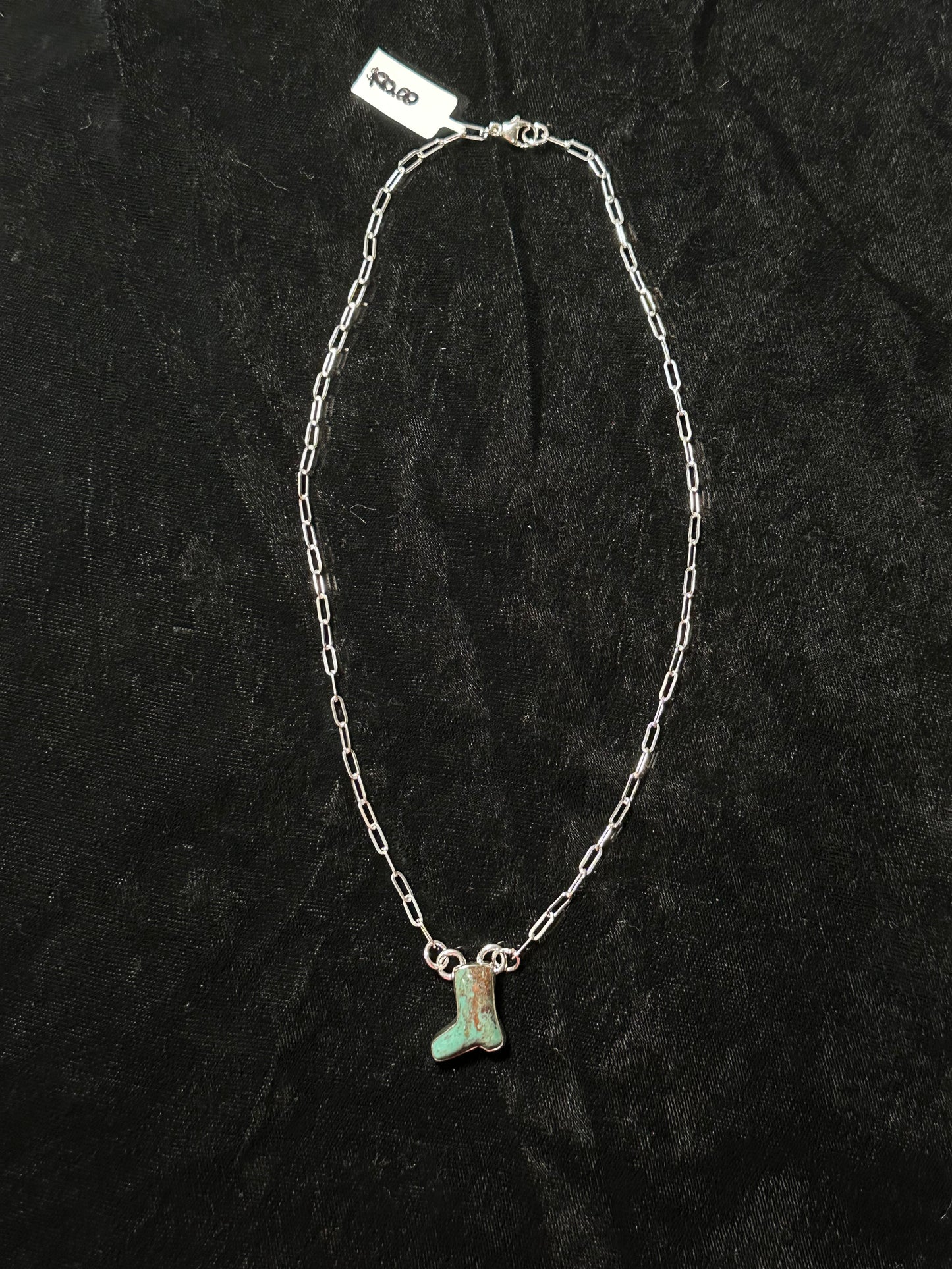 Green Navada Turquoise Boot Necklace with Sterling Silver Paperclip Chain