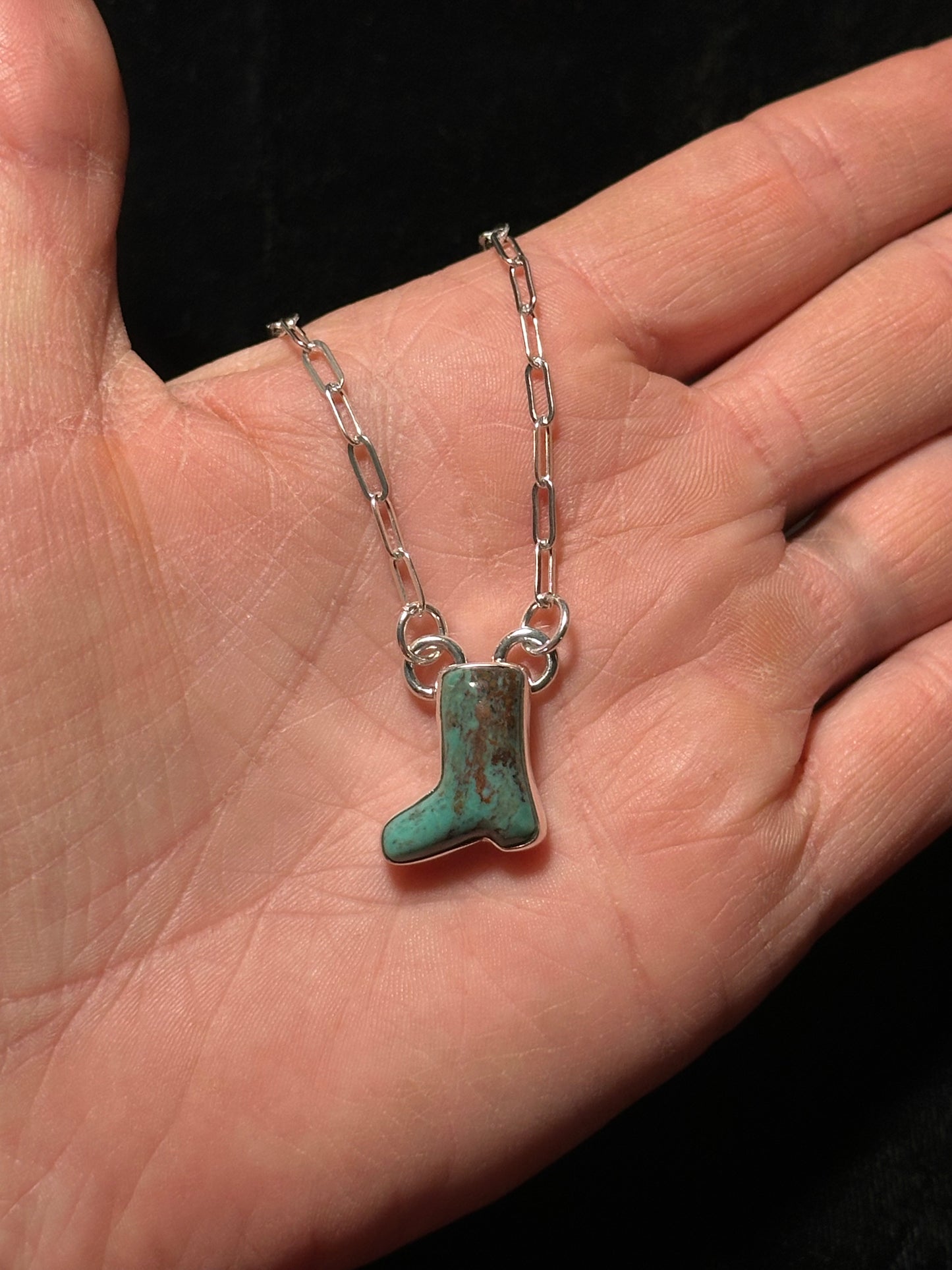 Green Navada Turquoise Boot Necklace with Sterling Silver Paperclip Chain