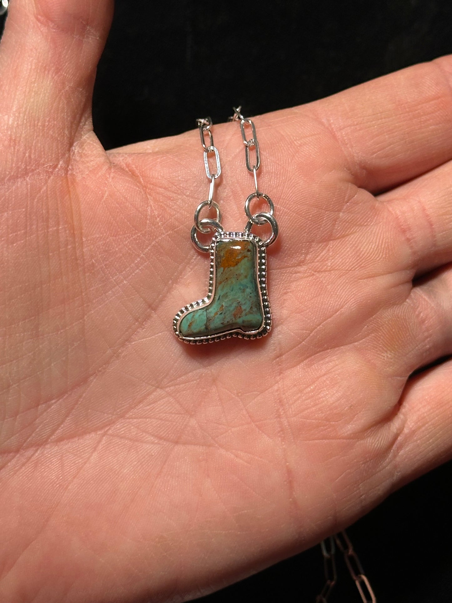 Green Navada Turquoise Boot Necklace with Sterling Silver Paperclip Chain