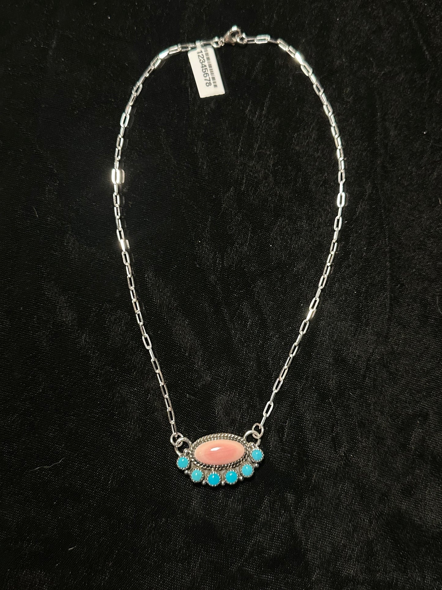 16" Pink Conch Shell and Sleeping Beauty Turquoise Half Cluster Necklace