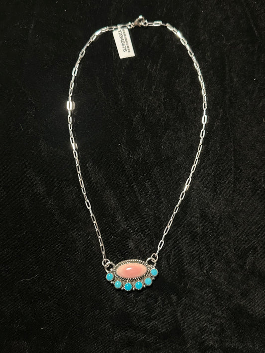 16" Pink Conch Shell and Sleeping Beauty Turquoise Half Cluster Necklace