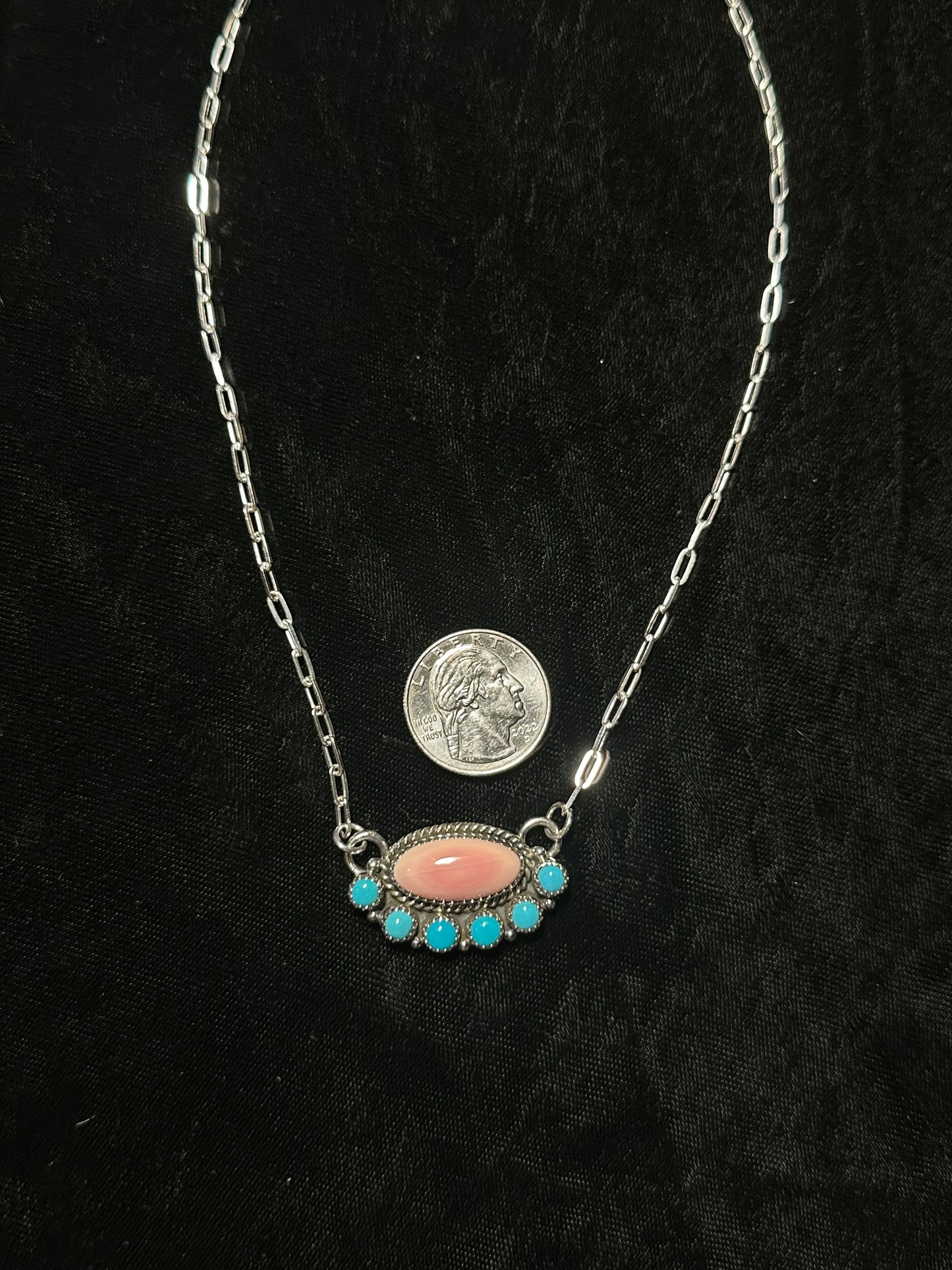 16" Pink Conch Shell and Sleeping Beauty Turquoise Half Cluster Necklace