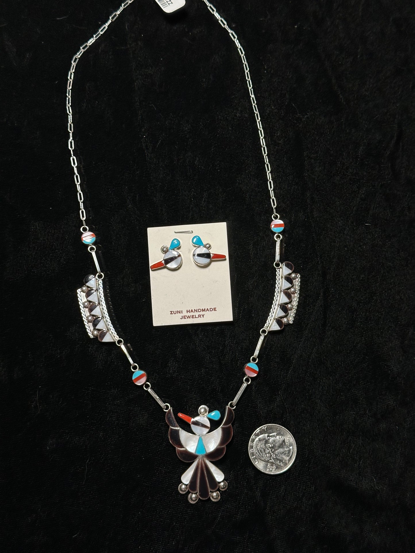 21" Inlay Bird Necklace and Earrings Set, Zuni