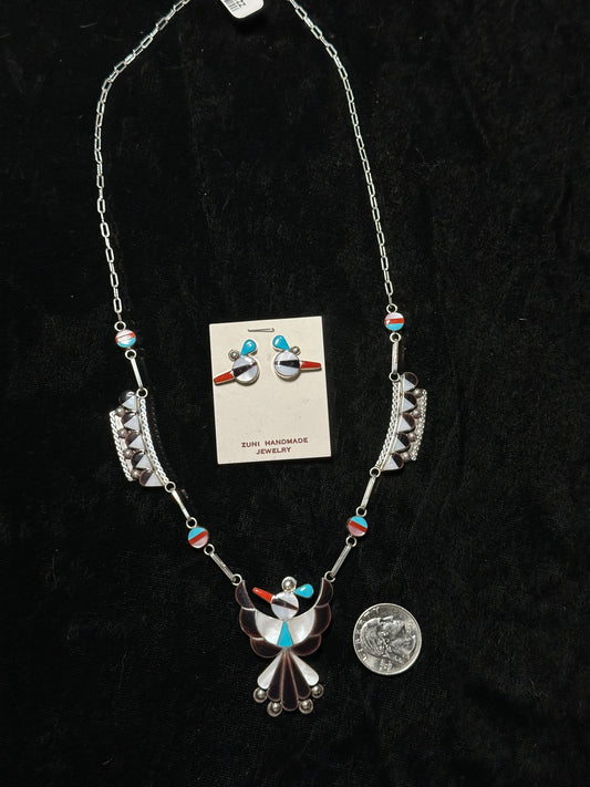 21" Inlay Bird Necklace and Earrings Set, Zuni