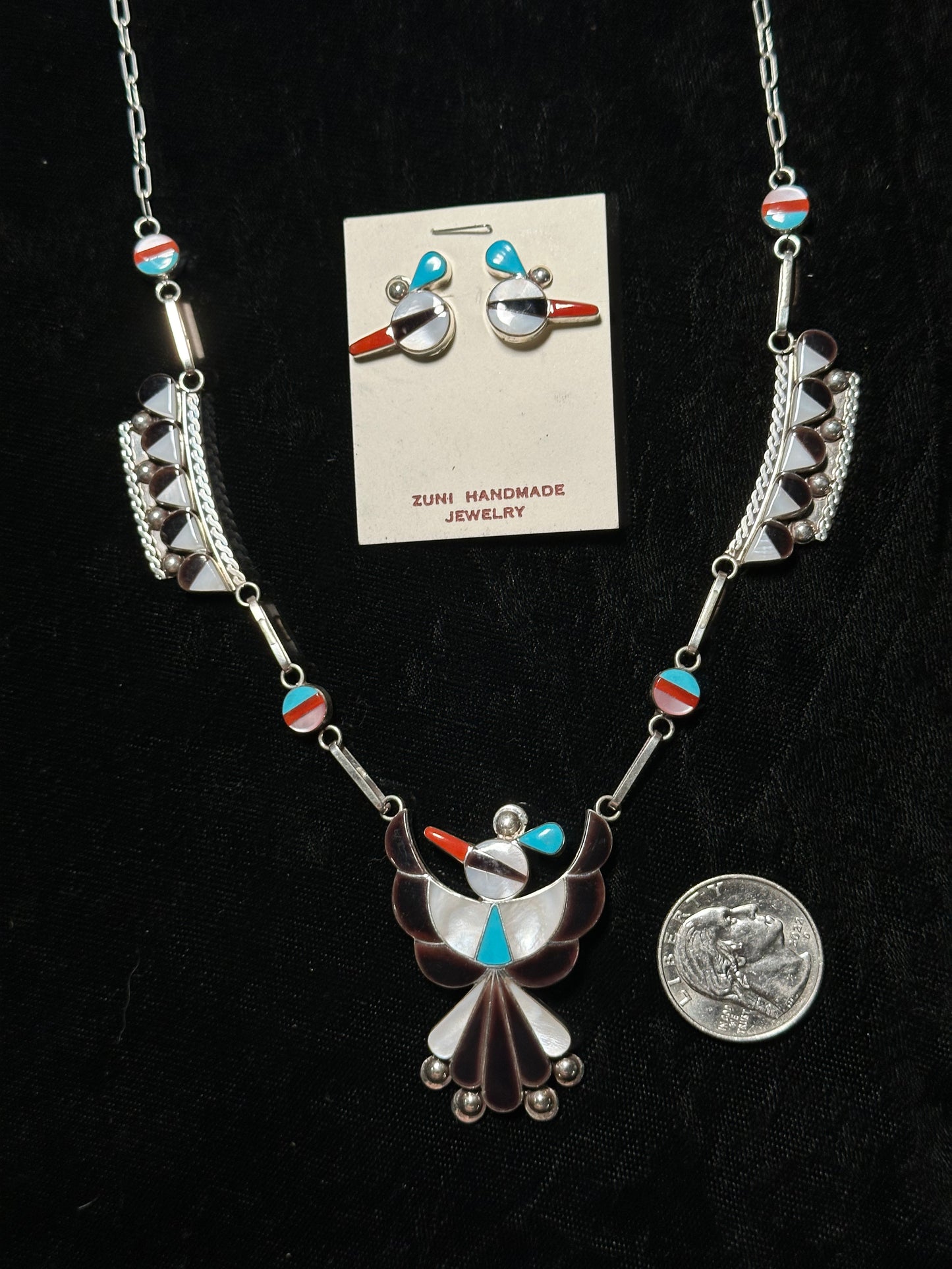 21" Inlay Bird Necklace and Earrings Set, Zuni