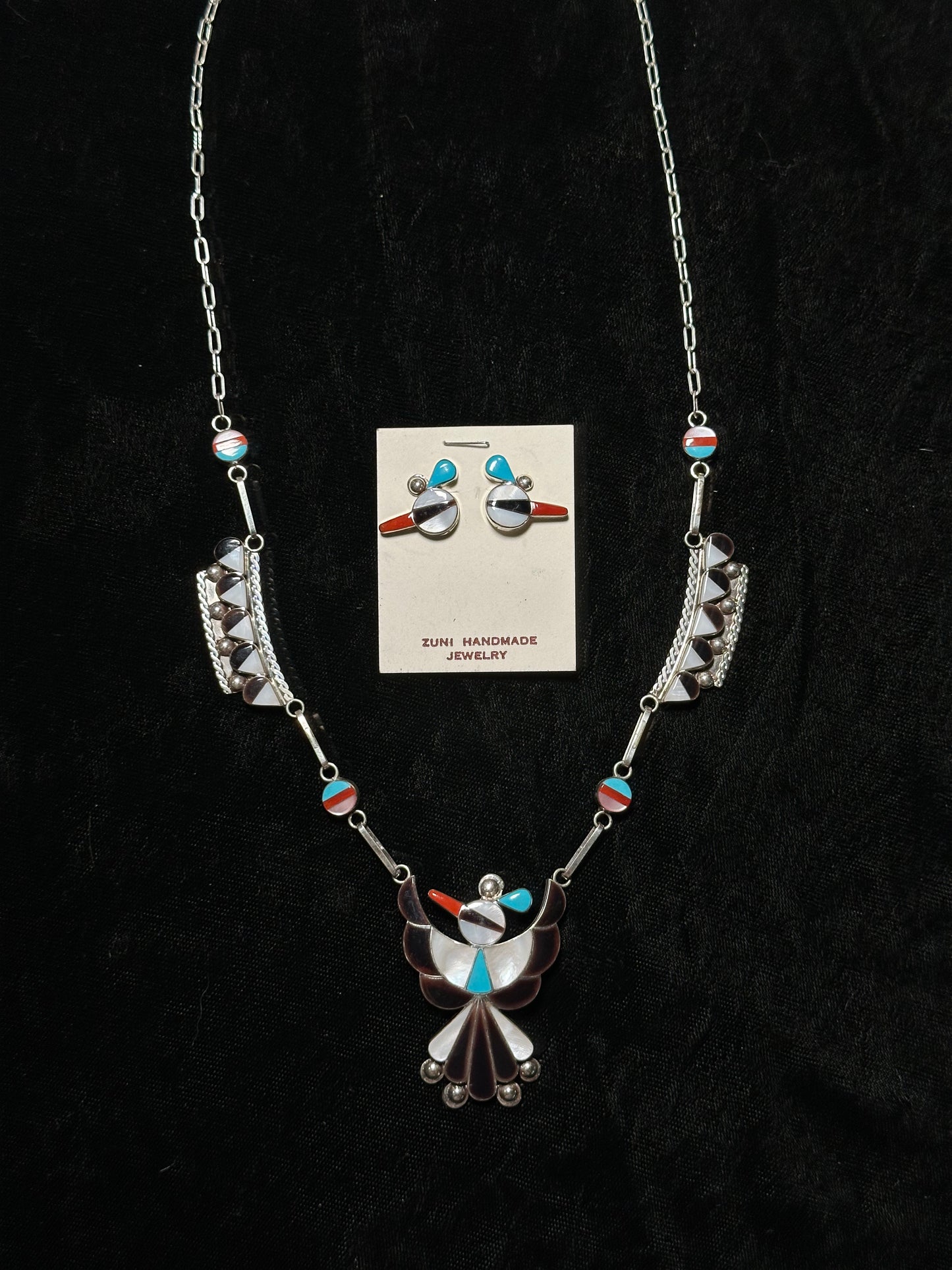 21" Inlay Bird Necklace and Earrings Set, Zuni