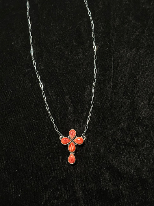 17" Red Spiny Oyster Shell Cross Necklace