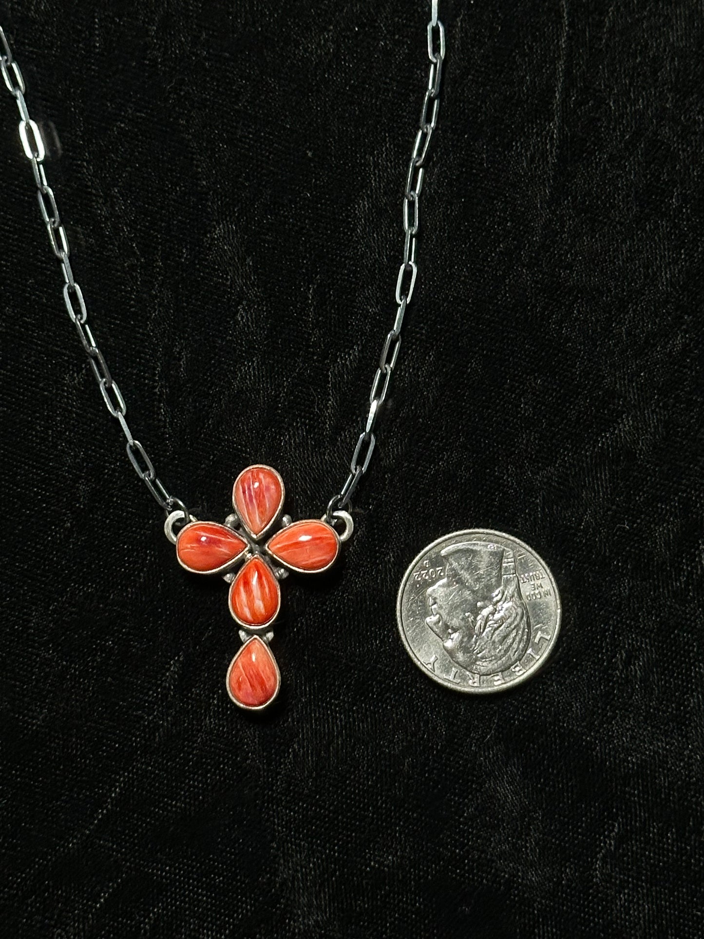 17" Red Spiny Oyster Shell Cross Necklace