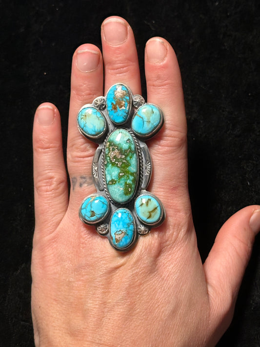 LOT 29 5/24 Adjustable Sonoran Gold Turquoise 7 Stone Ring by Steven Nez, Navajo