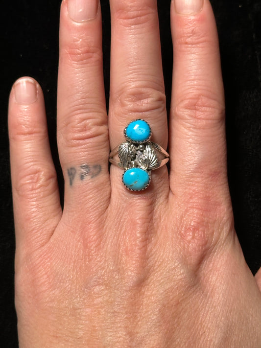 2 Stone Sleeping Beauty Turquoise Ring by Running Bear, Navajo