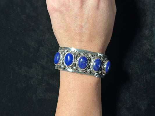7" 5 Stone Lapis Stamped Cuff Bracelet By Rick Enrique, Navajo
