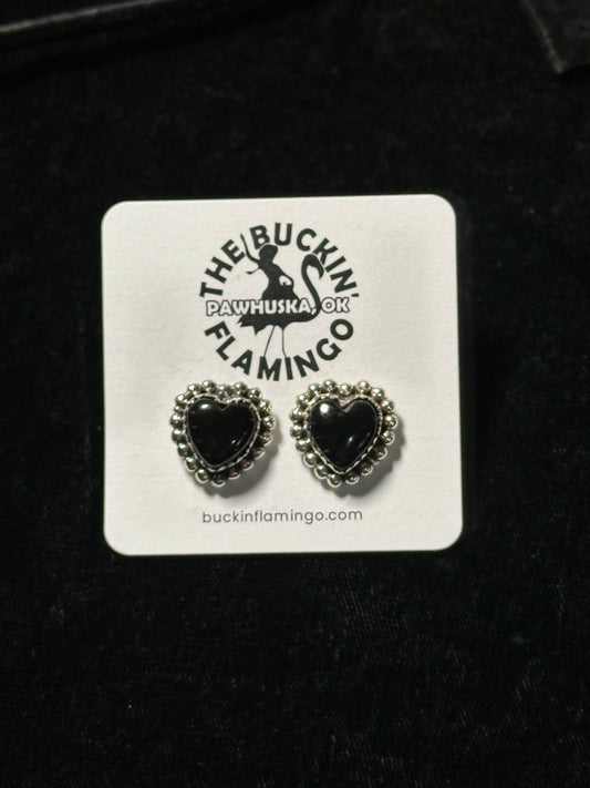 Black Onyx Heart Post Earrings