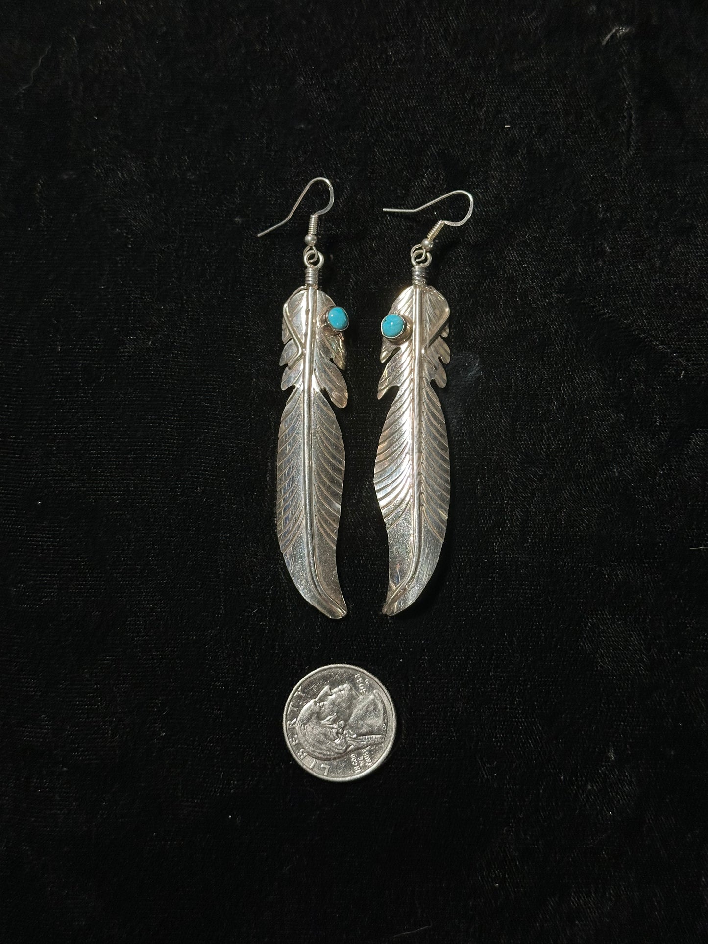 3" Long Sterling Silver Feather Earrings with Sleeping Beauty Stone by Jeff Largo, Navajo