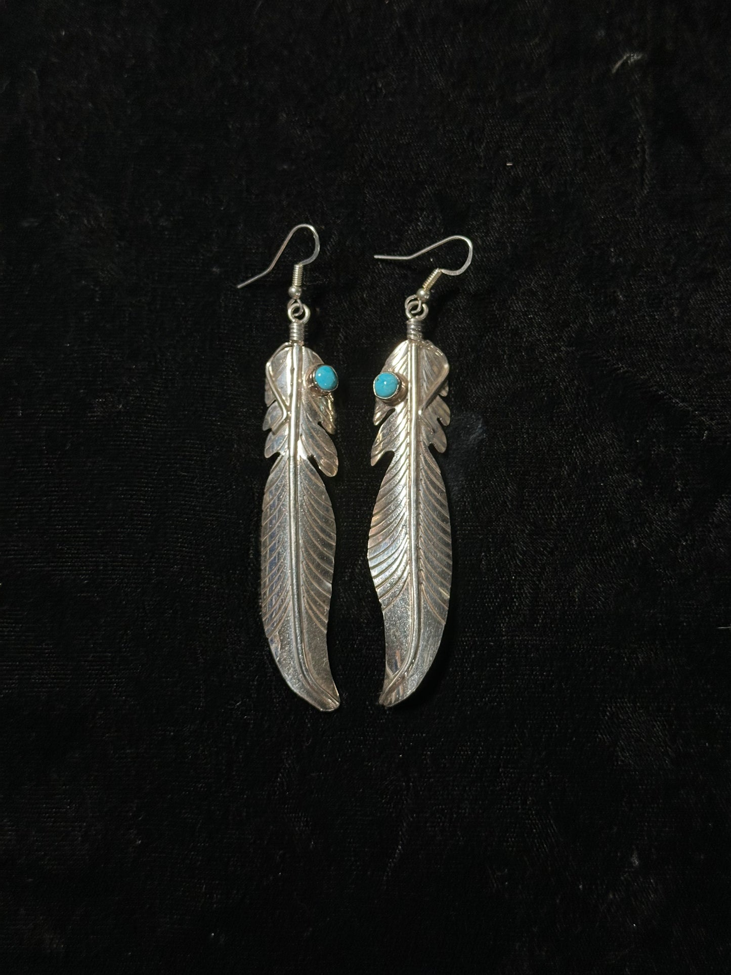 3" Long Sterling Silver Feather Earrings with Sleeping Beauty Stone by Jeff Largo, Navajo