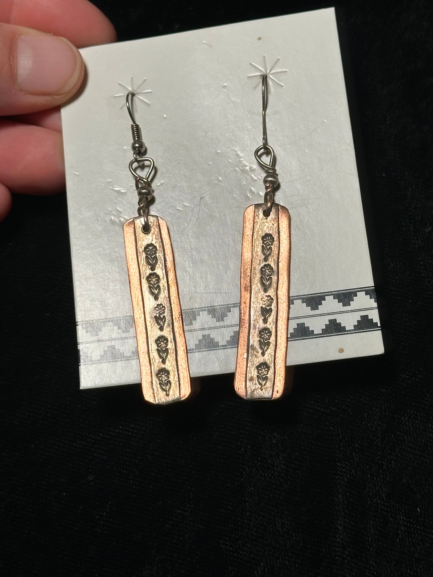 Copper and Sterling Silver Slab Stamped Dangle Earrings