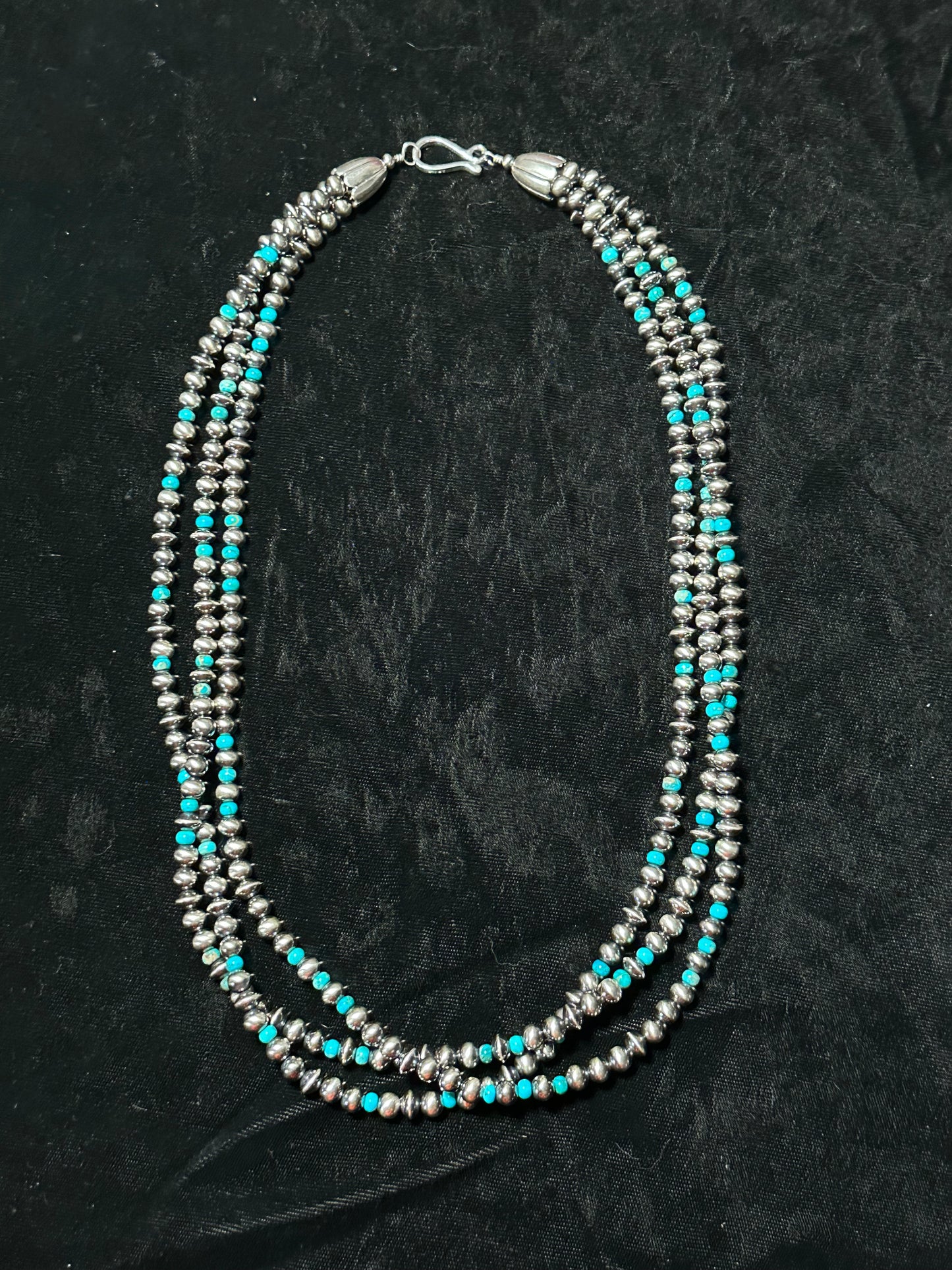 24" 6mm 3 Strand Navajo Style Pearls and Turquoise Necklace