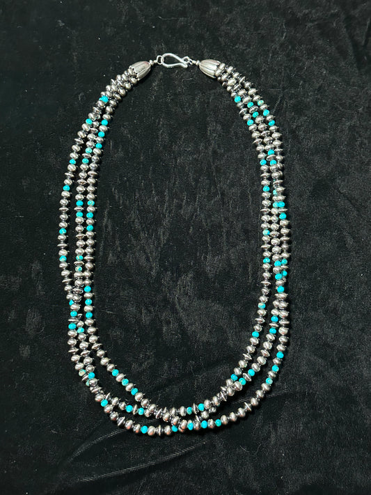 24" 6mm 3 Strand Navajo Style Pearls and Turquoise Necklace
