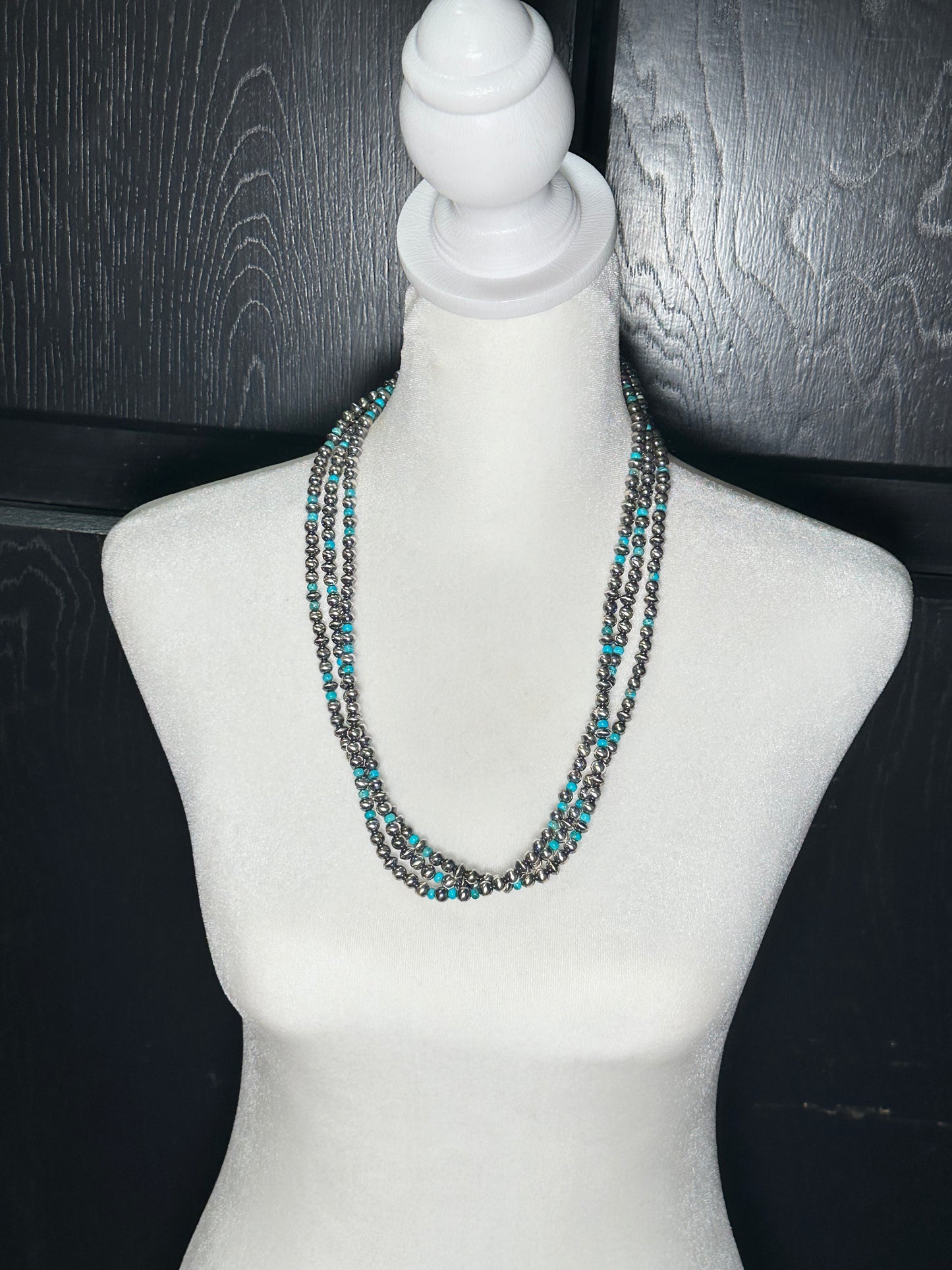 24" 6mm 3 Strand Navajo Style Pearls and Turquoise Necklace