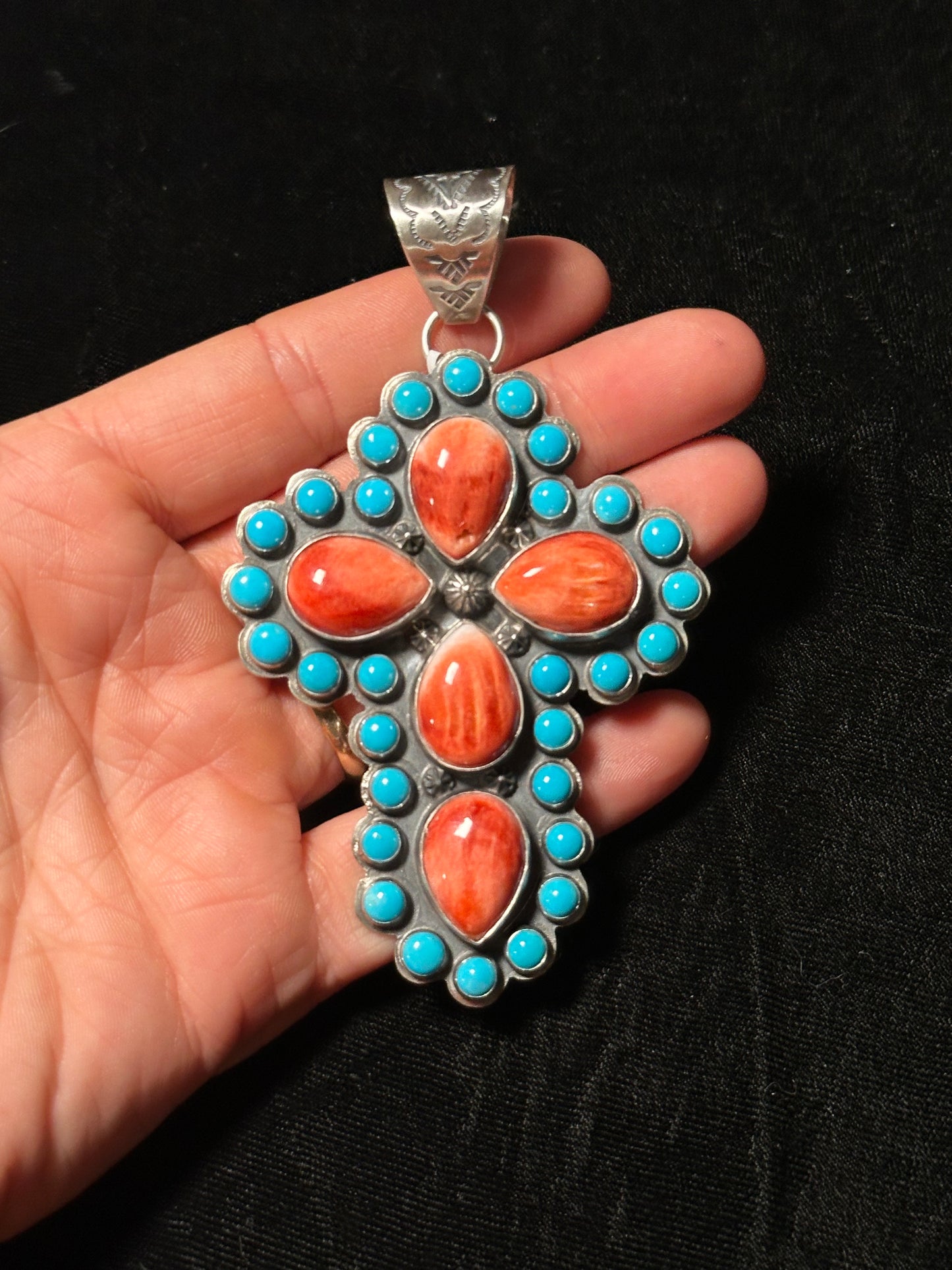 11mm Bale Sleeping Beauty Turquoise and Red Spiny Oyster Shell Cross Pendant