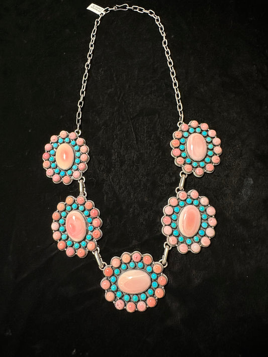 26" Pink Conch Shell and Sleeping Beauty Turquoise Cluster Necklace by ZIA