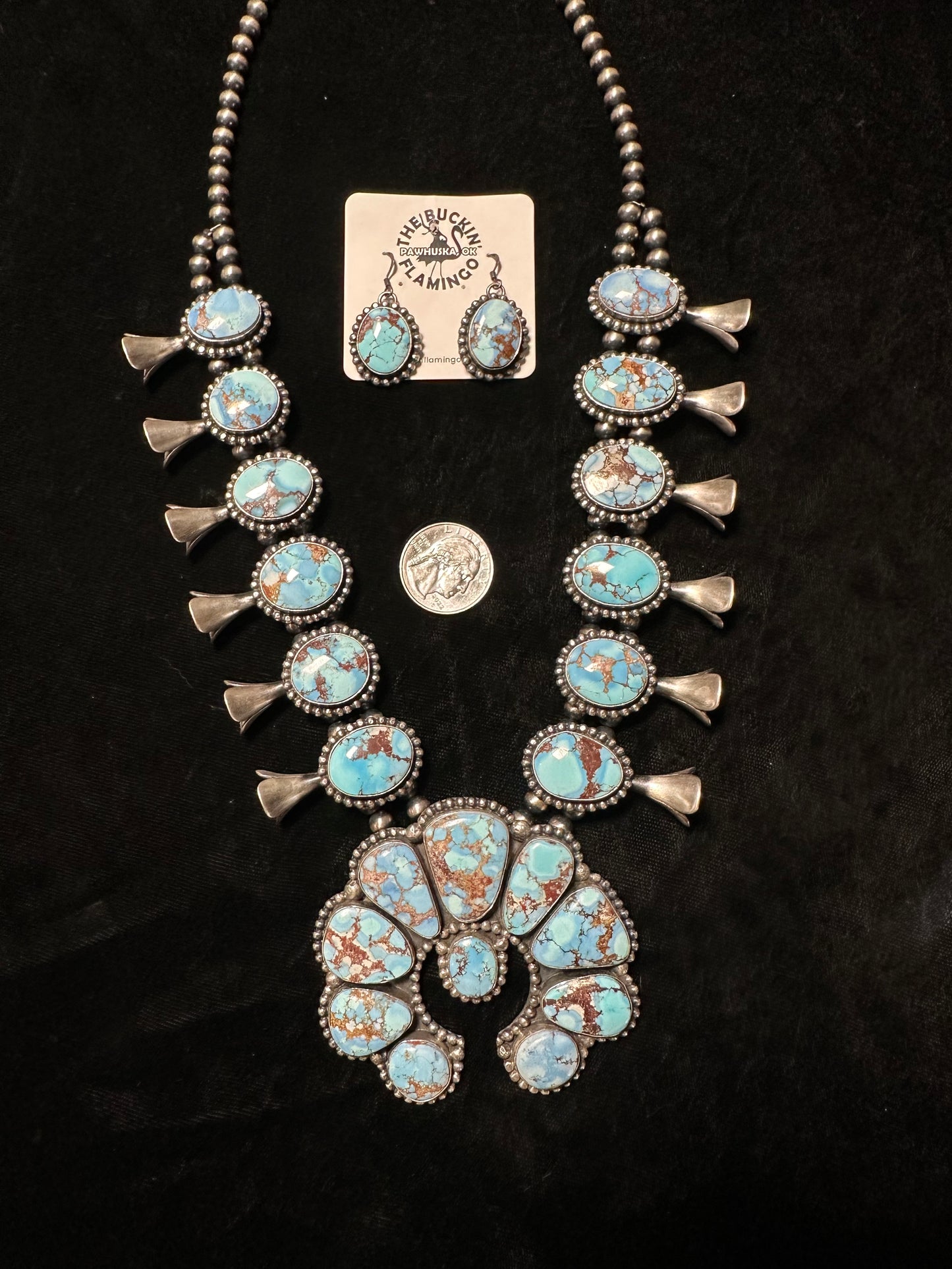 LOT 18 11/10 Golden Hills Turquoise Squash Blossom and Dangle Earrings by Mary Ann Spencer, Navajo